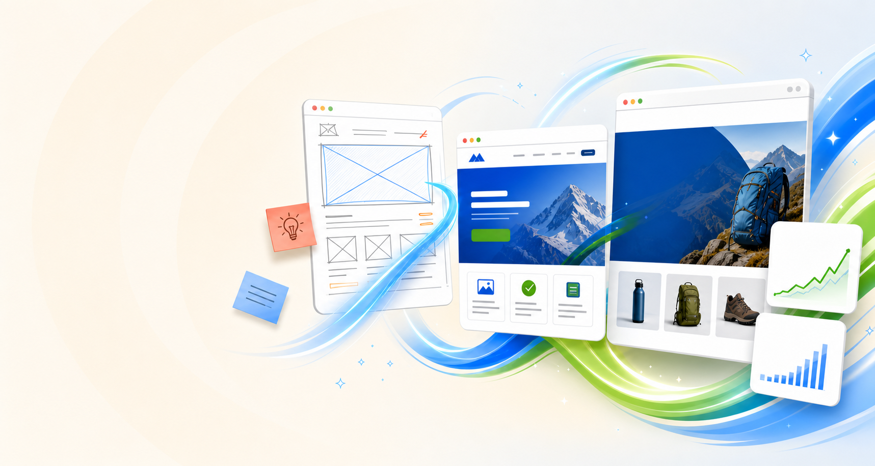 Website sketches becoming a finished website with growth results